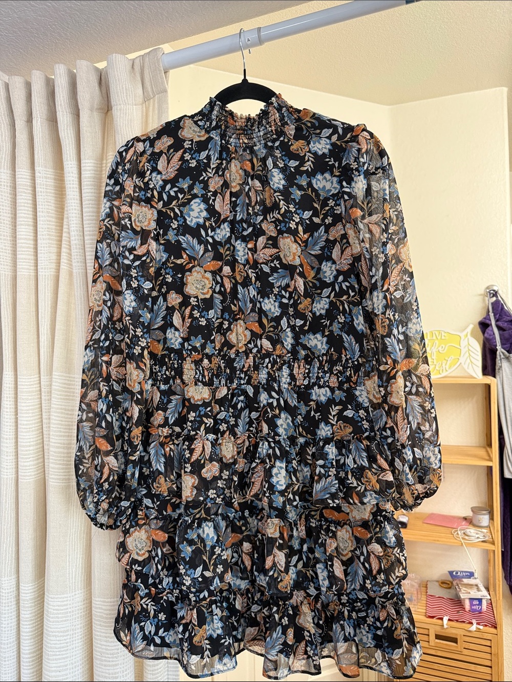 Express Floral Smocked High-Neck Long Sleeve Mini Dress - Black, Blue, Tan